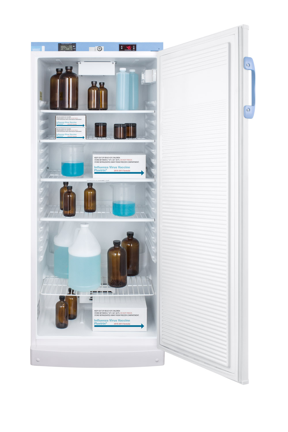 10.1 cu.ft. upright auto defrost medical/scientific all-refrigerator with digital thermostat and NIST calibrated thermometer/alarm; includes front lock, hospital grade cord, and internal fan